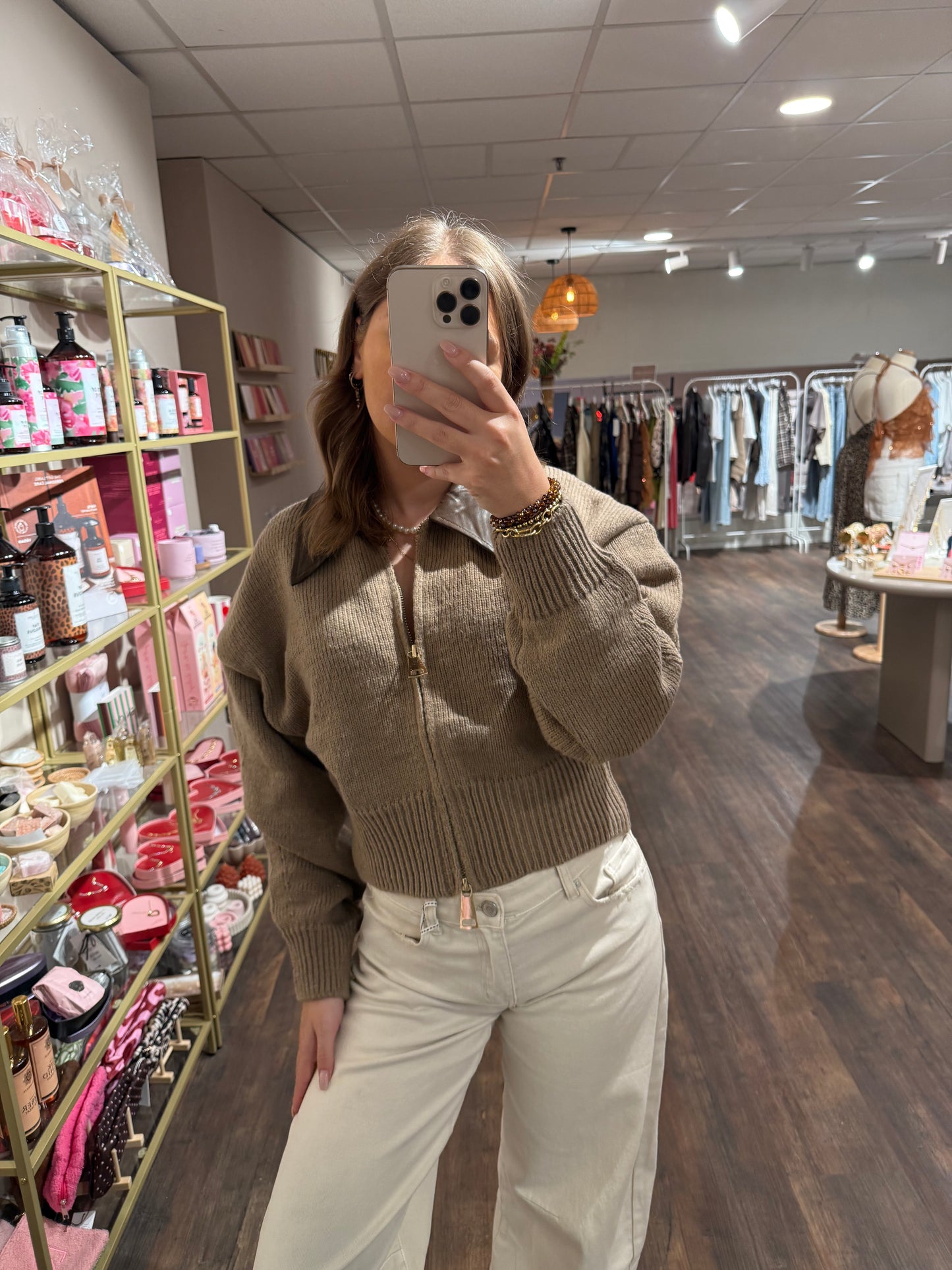Juna - vest leren kraag taupe