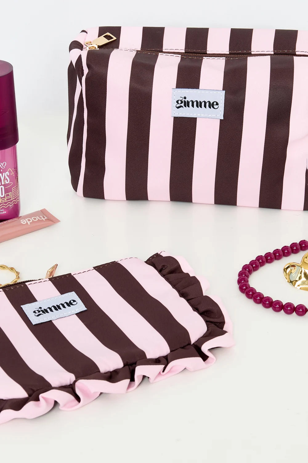 Makeup tas grote streep bruin/roze
