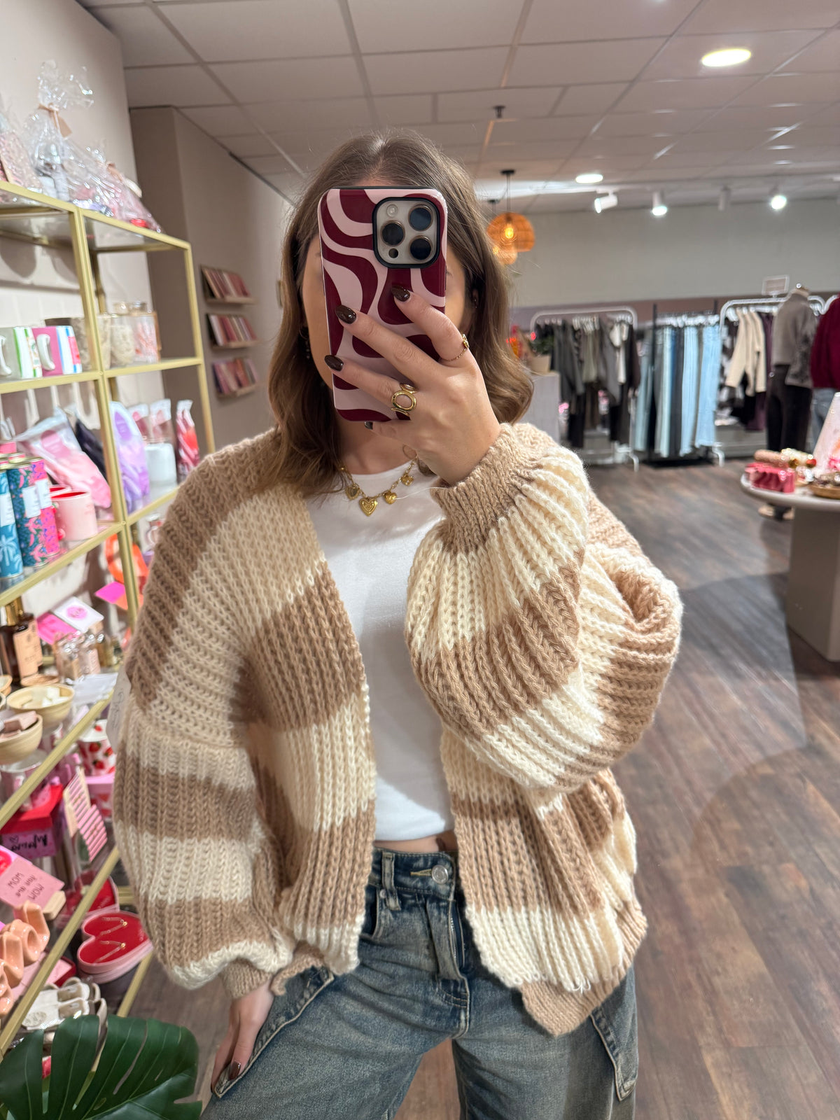 Beau - chunky gestreepte cardigan creme/bruin