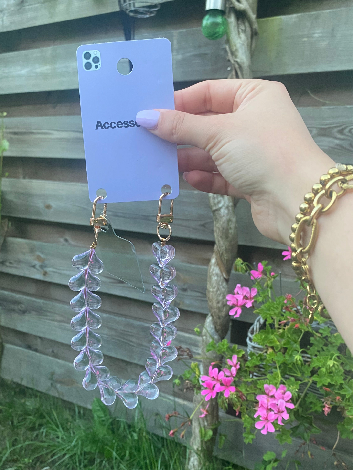 Telefoonkoord hartjes paars transparant