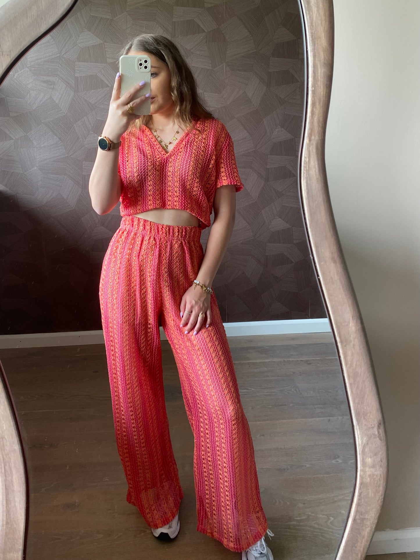 Cato - roze oranje zomersetje met cropped top & wijde broek