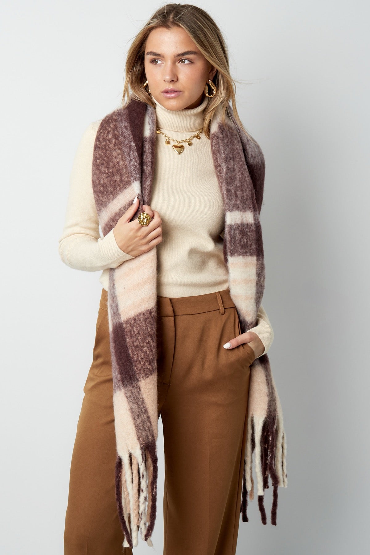 Wintersjaal gestreept roze grijs