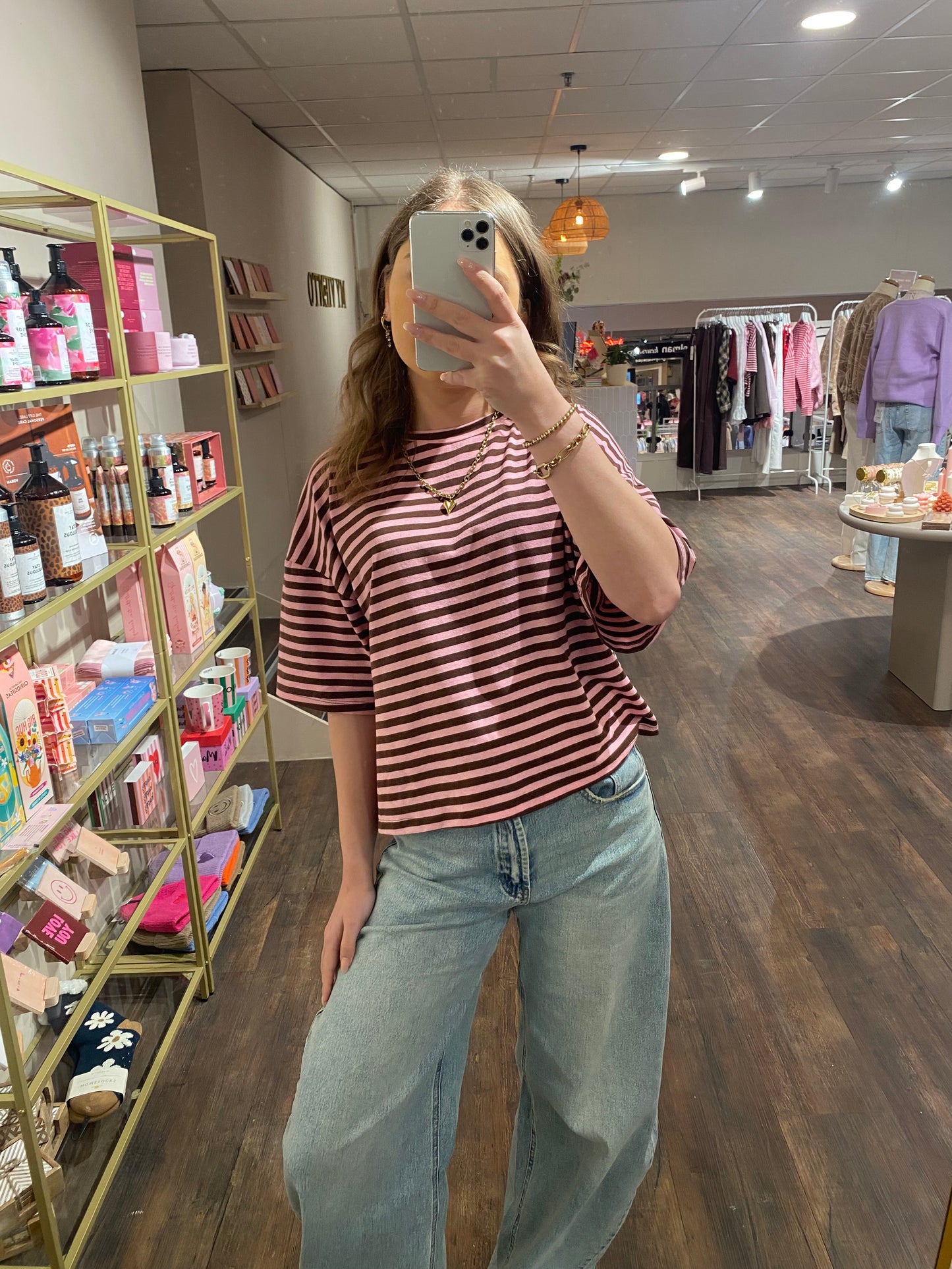 Liva - gestreepte top roze/bruin