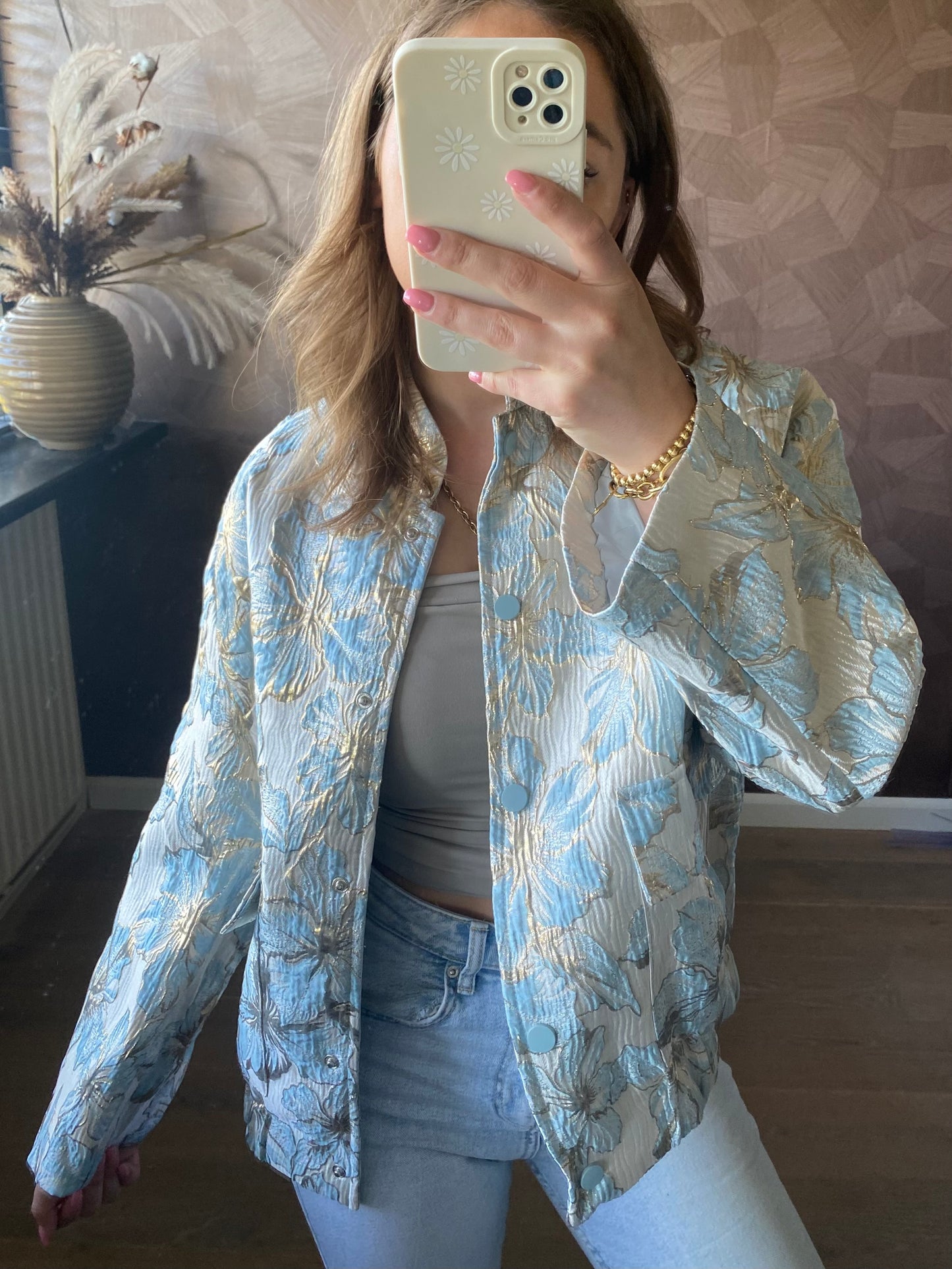 Bomberjack met steekzakken en drukknoopsluiting - elegant jasje met unieke print