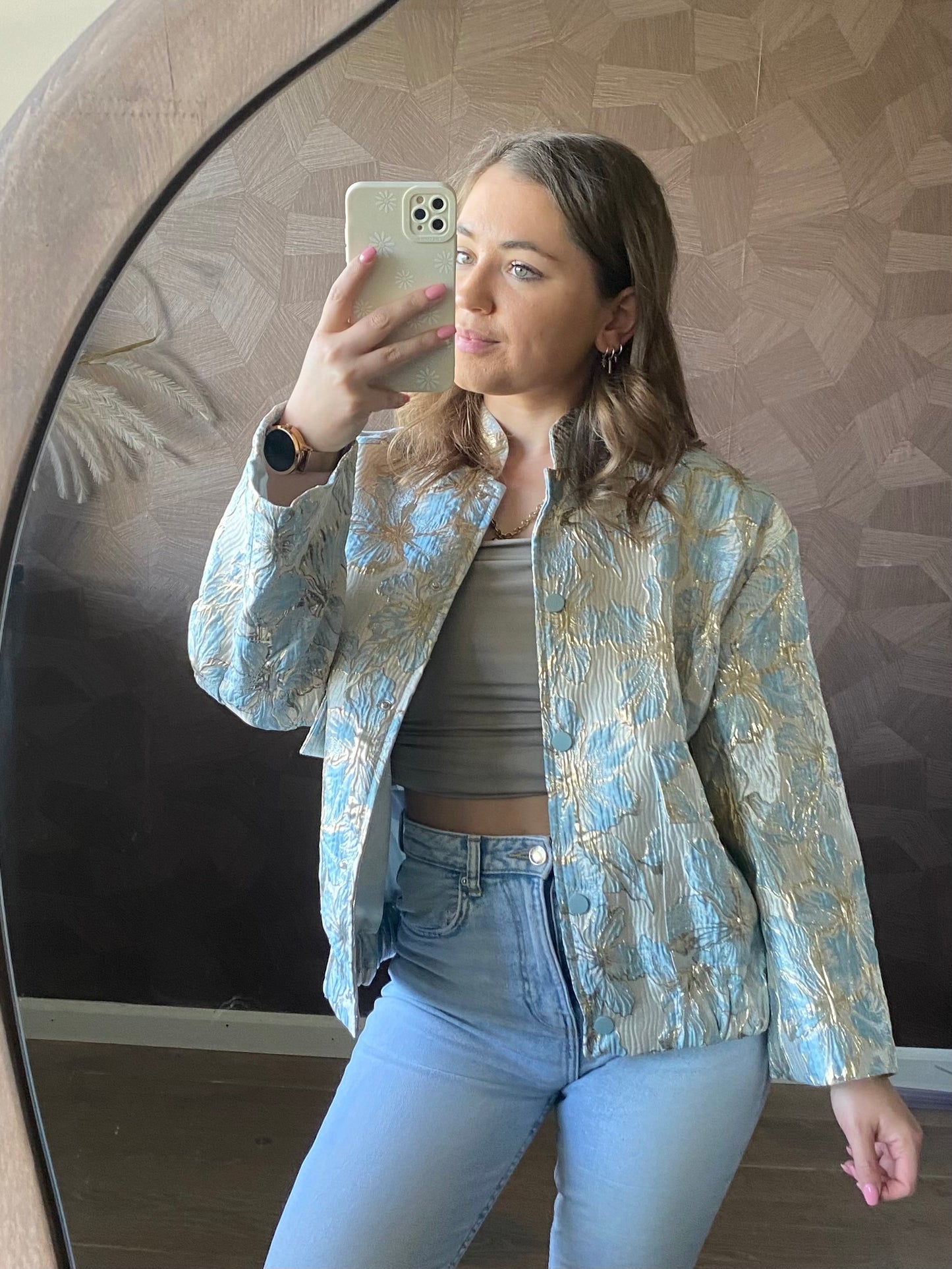Oversized bomber met bloemenprint - stijlvolle jacquard jas met drukknoopjes