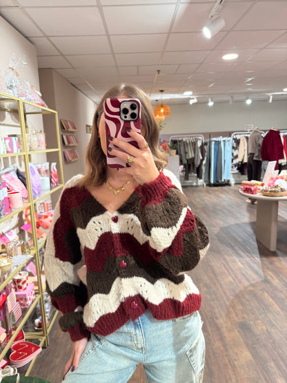 Julia - zigzag gestreepte cardigan bordeaux
