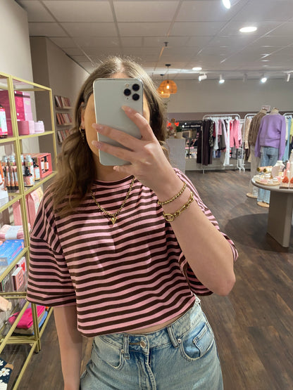 Liva - gestreepte top roze/bruin