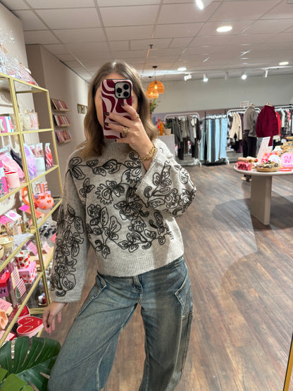 Merel - floral embroidery trui taupe