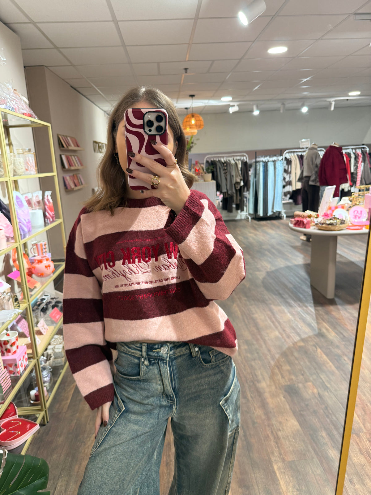 Liv - gestreepte NYC trui roze/rood
