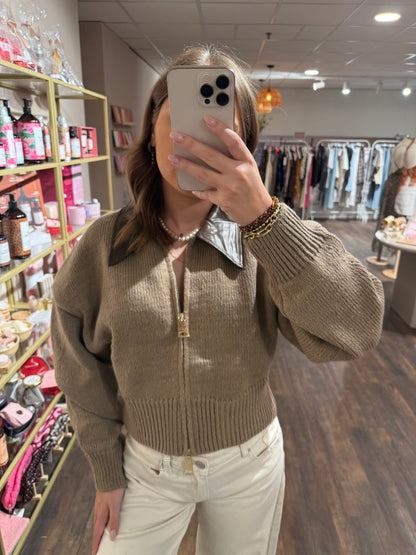 Juna - vest leren kraag taupe