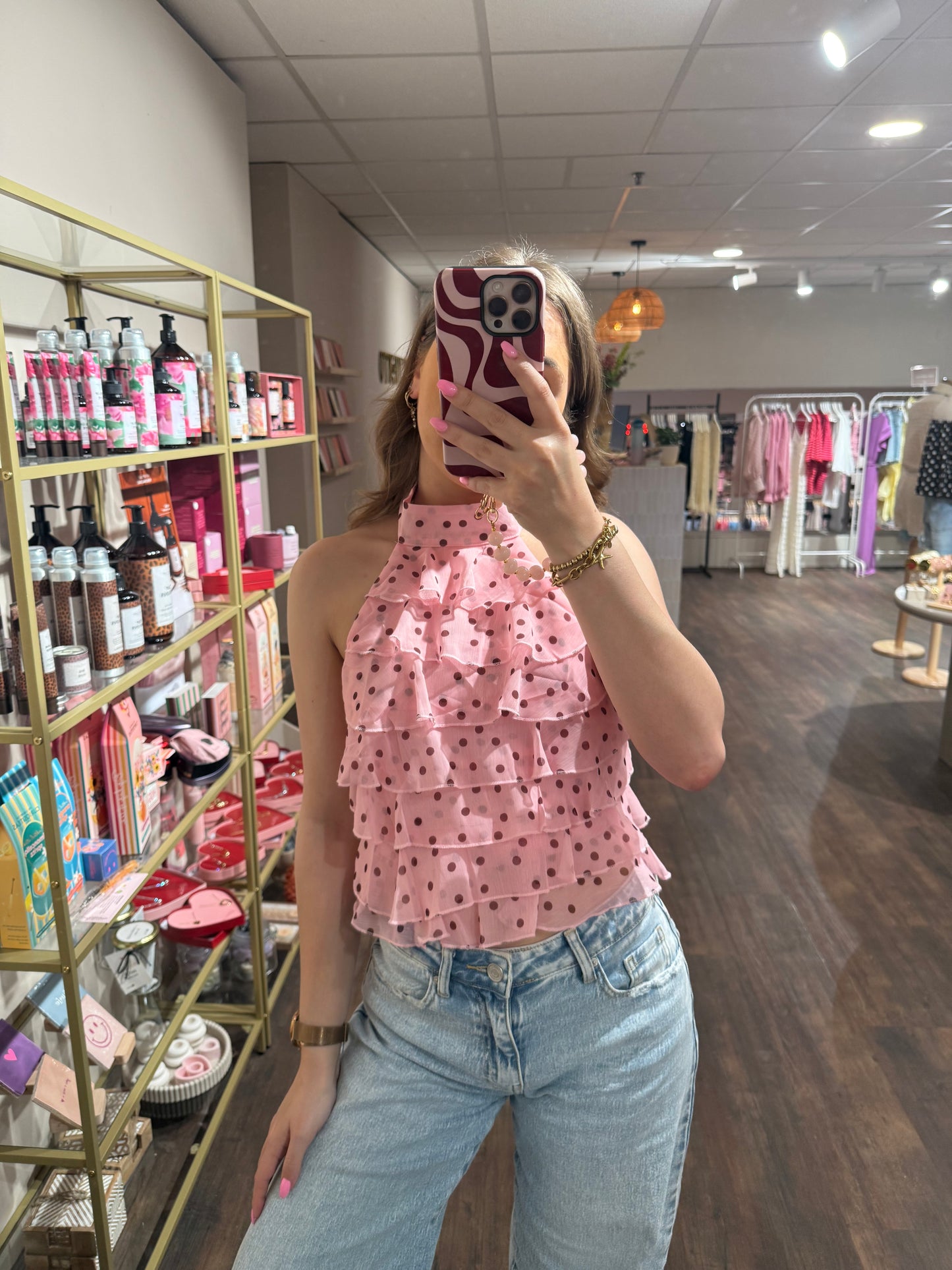 Olivia - polkadot ruffle haltertop roze/rood