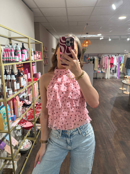Olivia - polkadot ruffle haltertop roze/rood