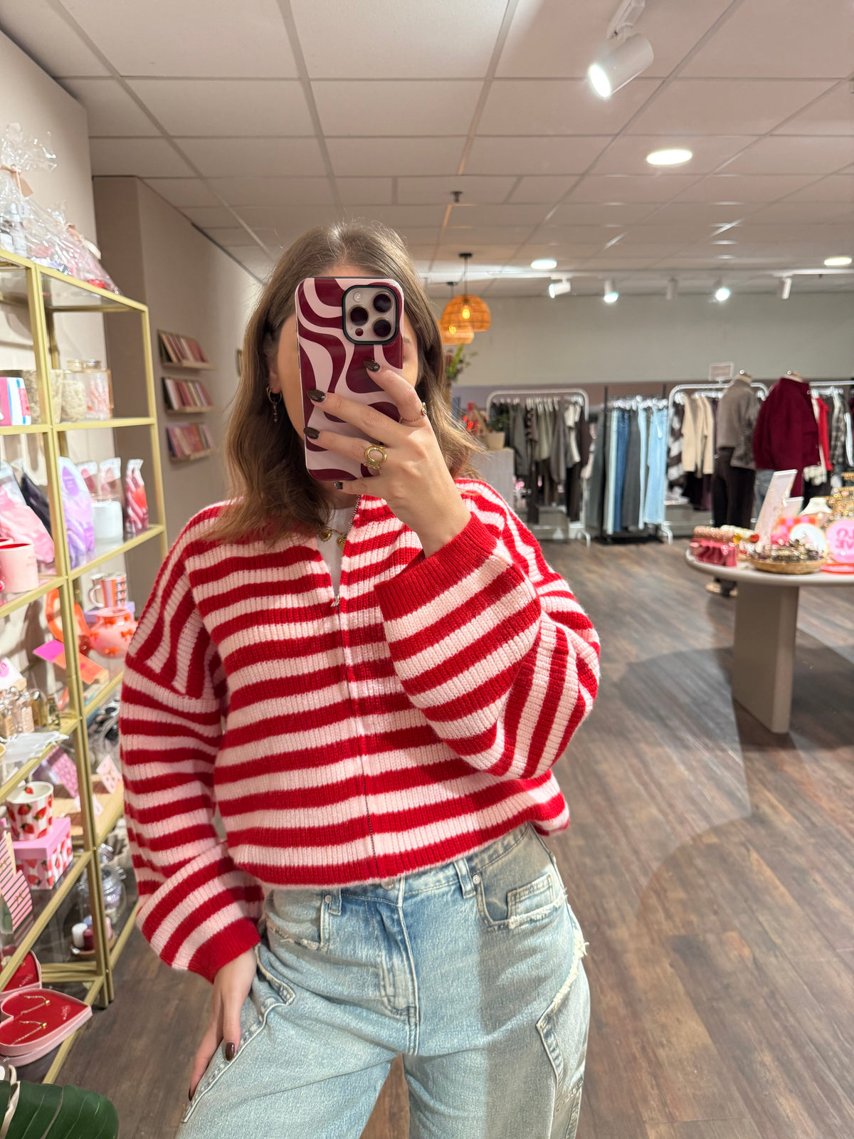 Amy - gestreepte cardigan roze/rood