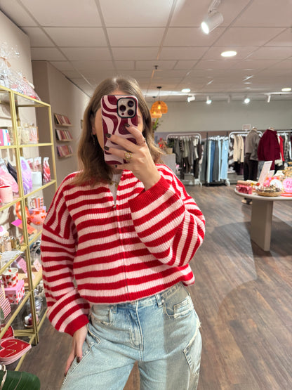 Amy - gestreepte cardigan roze/rood