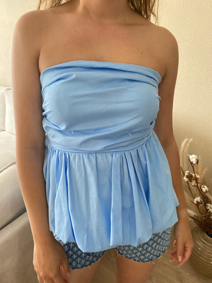 Romy - Strapless peplum top lichtblauw