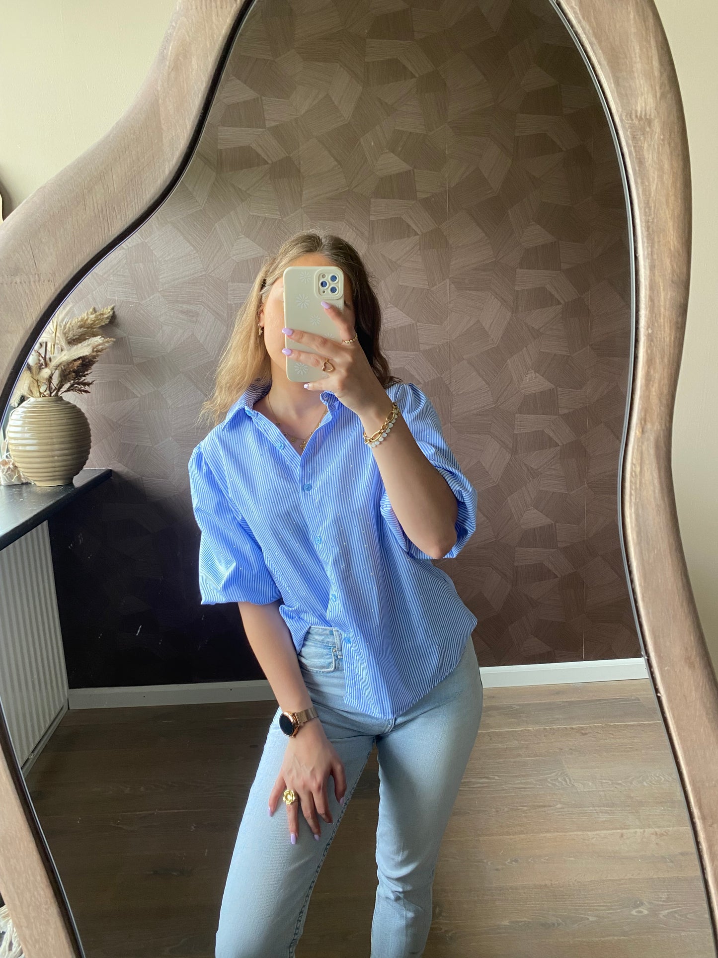 Indy - blauw gestreepte blouse met glitter