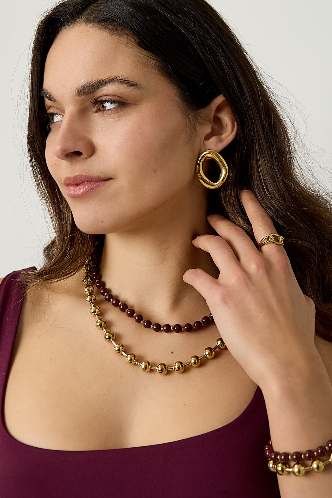 Gelaagde kralen ketting goud/bruin