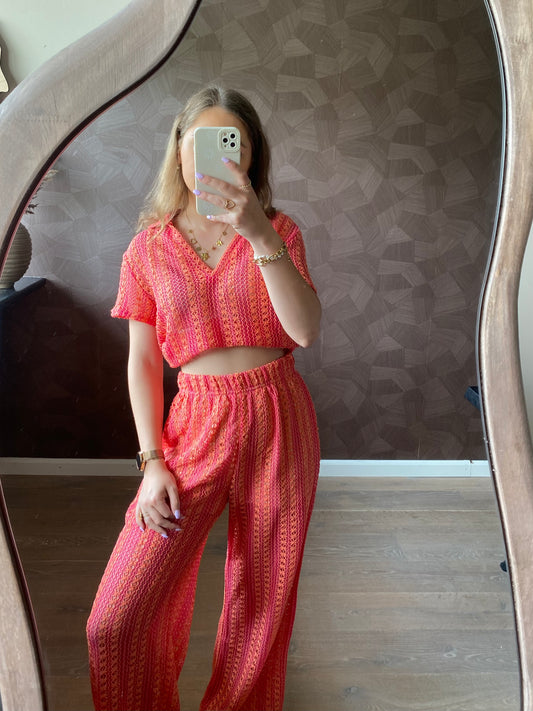 Cato - roze oranje zomersetje met cropped top & wijde broek