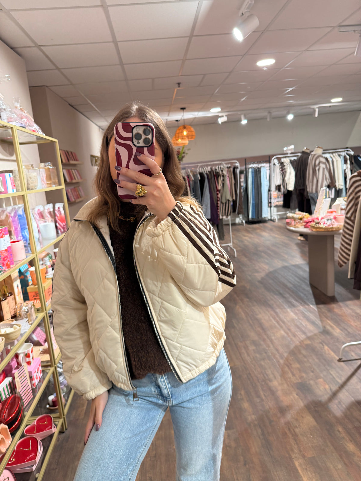 Nina - creme gewatteerde jas met strepen