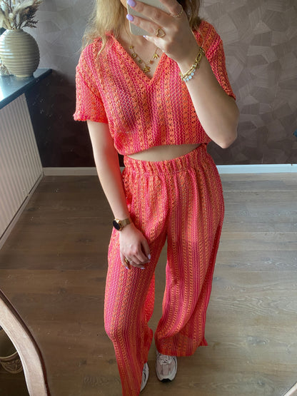 Cato - roze oranje zomersetje met cropped top & wijde broek