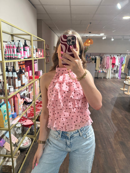 Olivia - polkadot ruffle haltertop roze/rood
