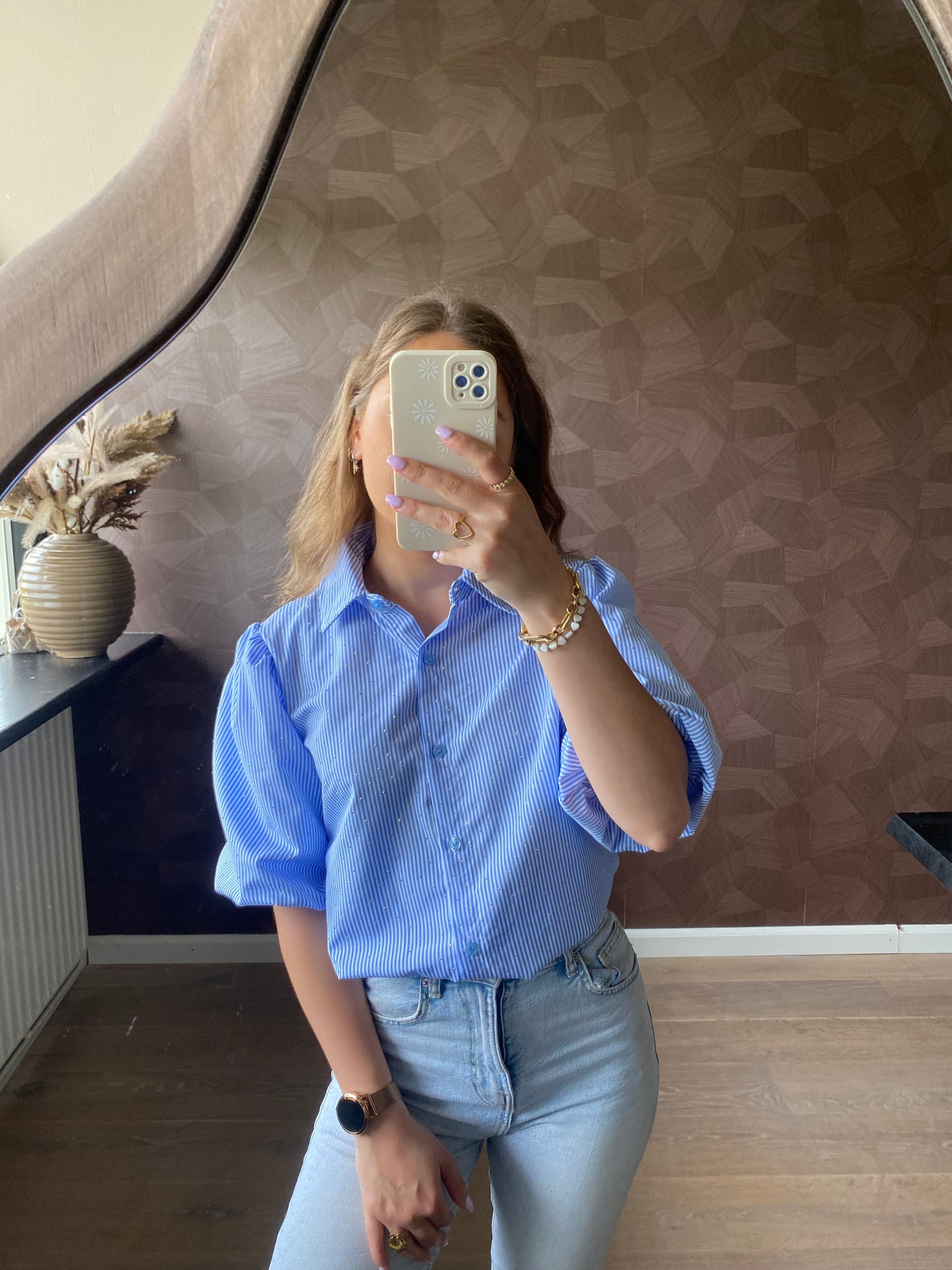 Indy - blauw gestreepte blouse met glitter