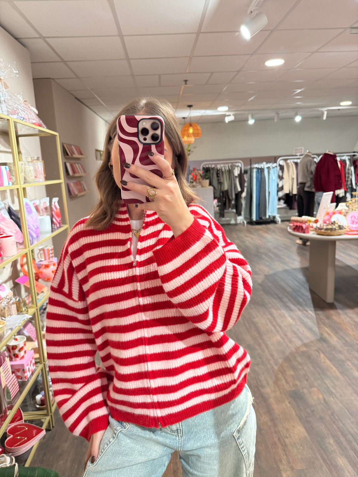 Amy - gestreepte cardigan roze/rood