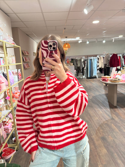 Amy - gestreepte cardigan roze/rood