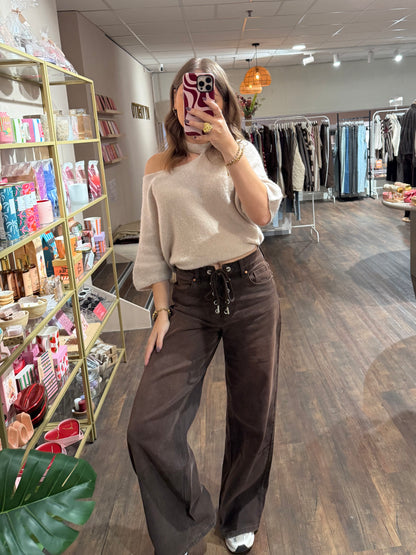 Lynn - wide leg bruine jeans met veter