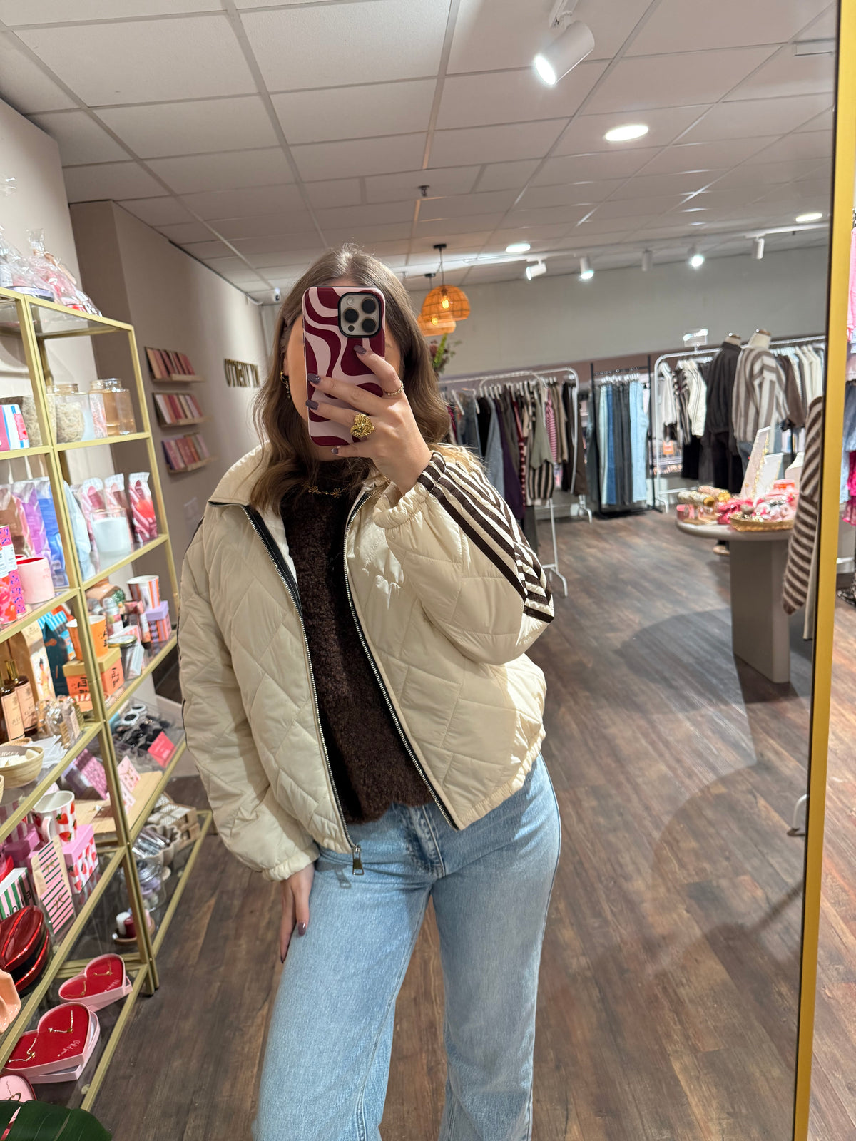 Nina - creme gewatteerde jas met strepen