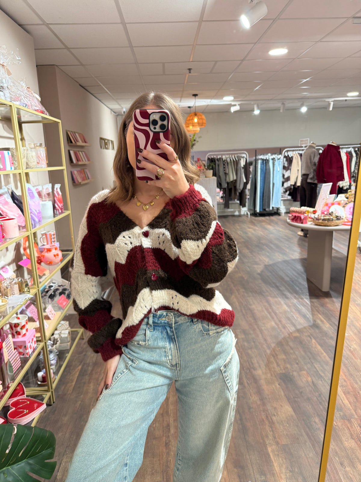 Julia - zigzag gestreepte cardigan bordeaux
