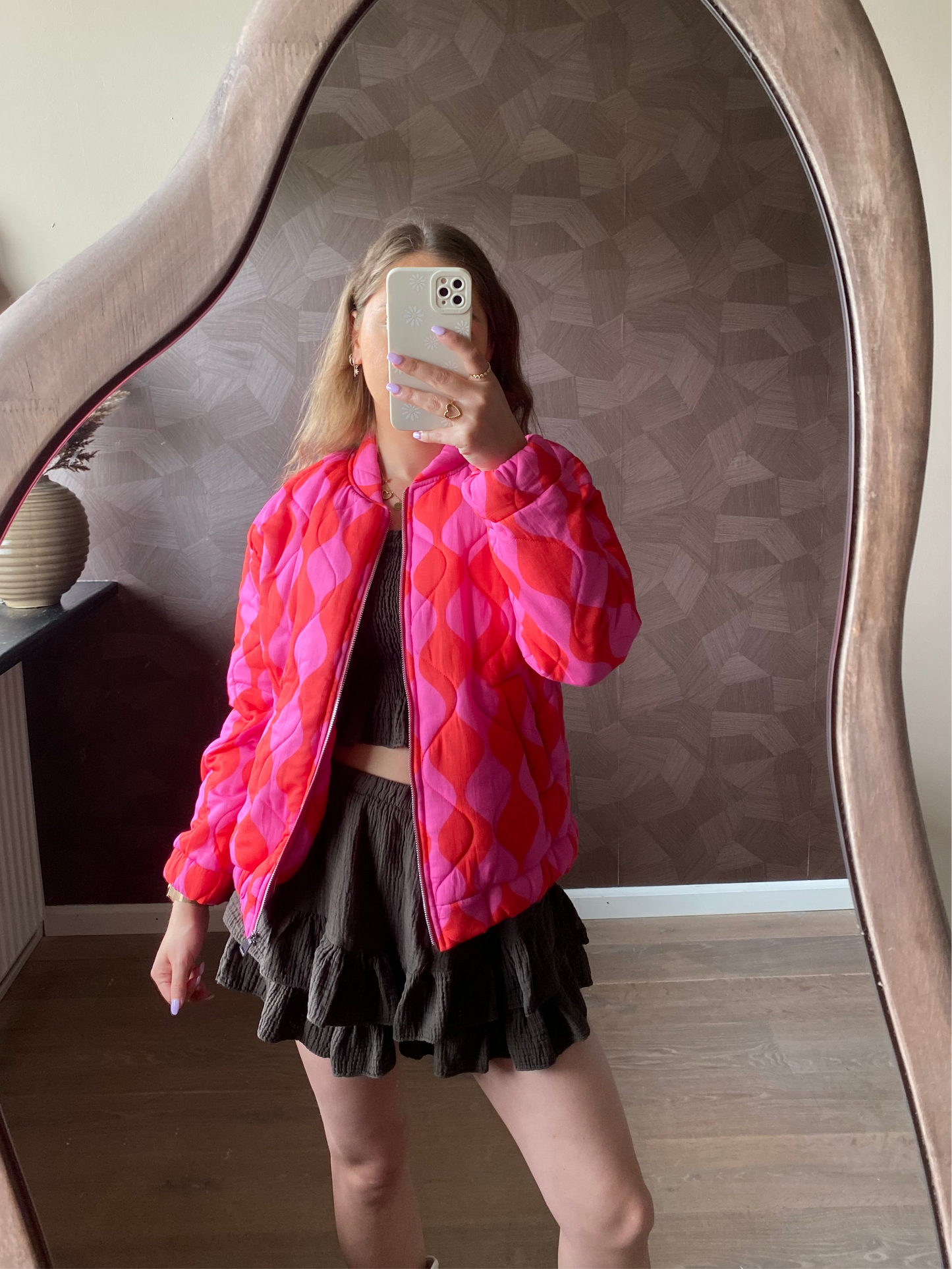 Puck - gewatteerde bomber jas met rood roze print