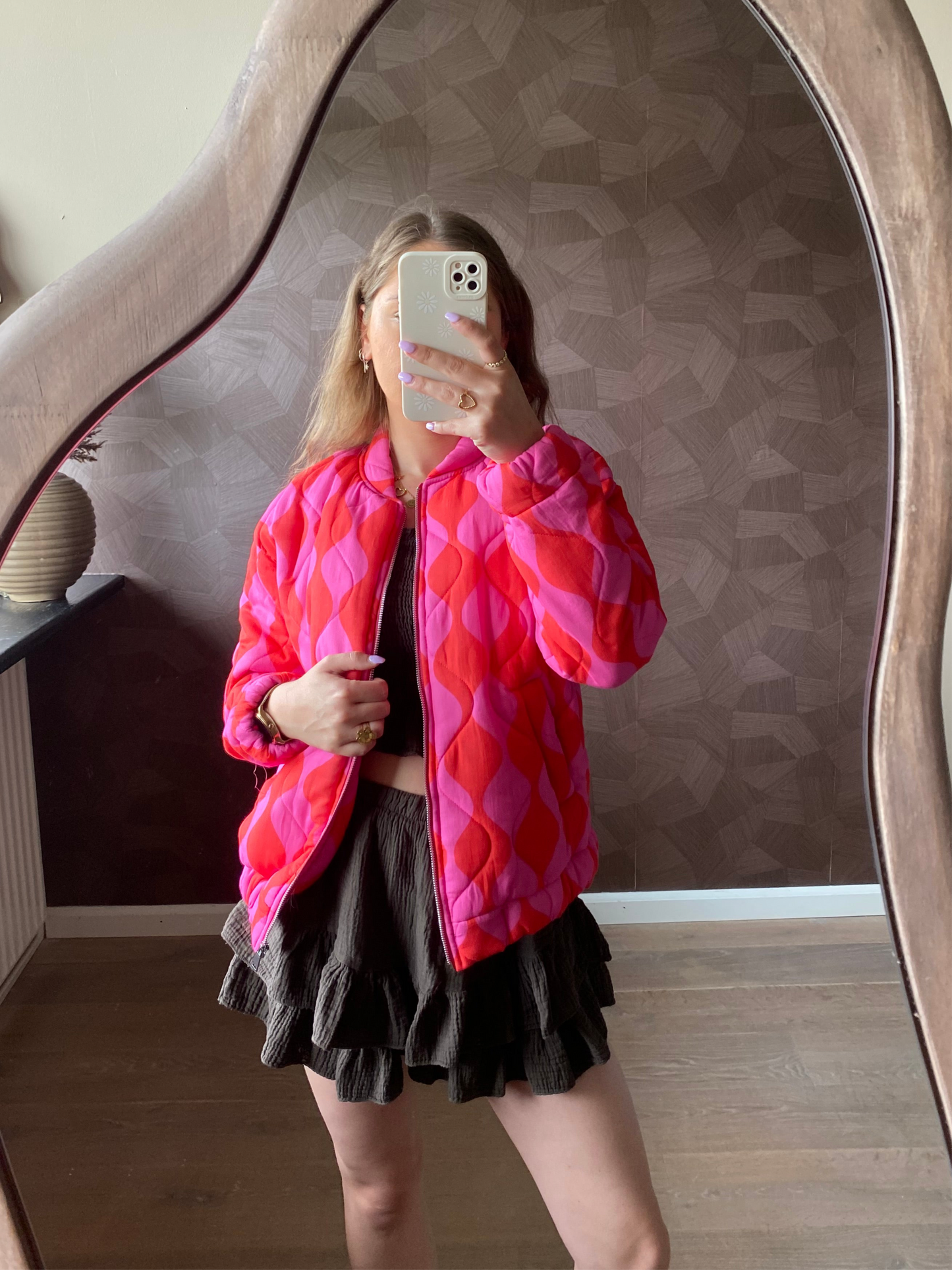 Puck - gewatteerde bomber jas met rood roze print