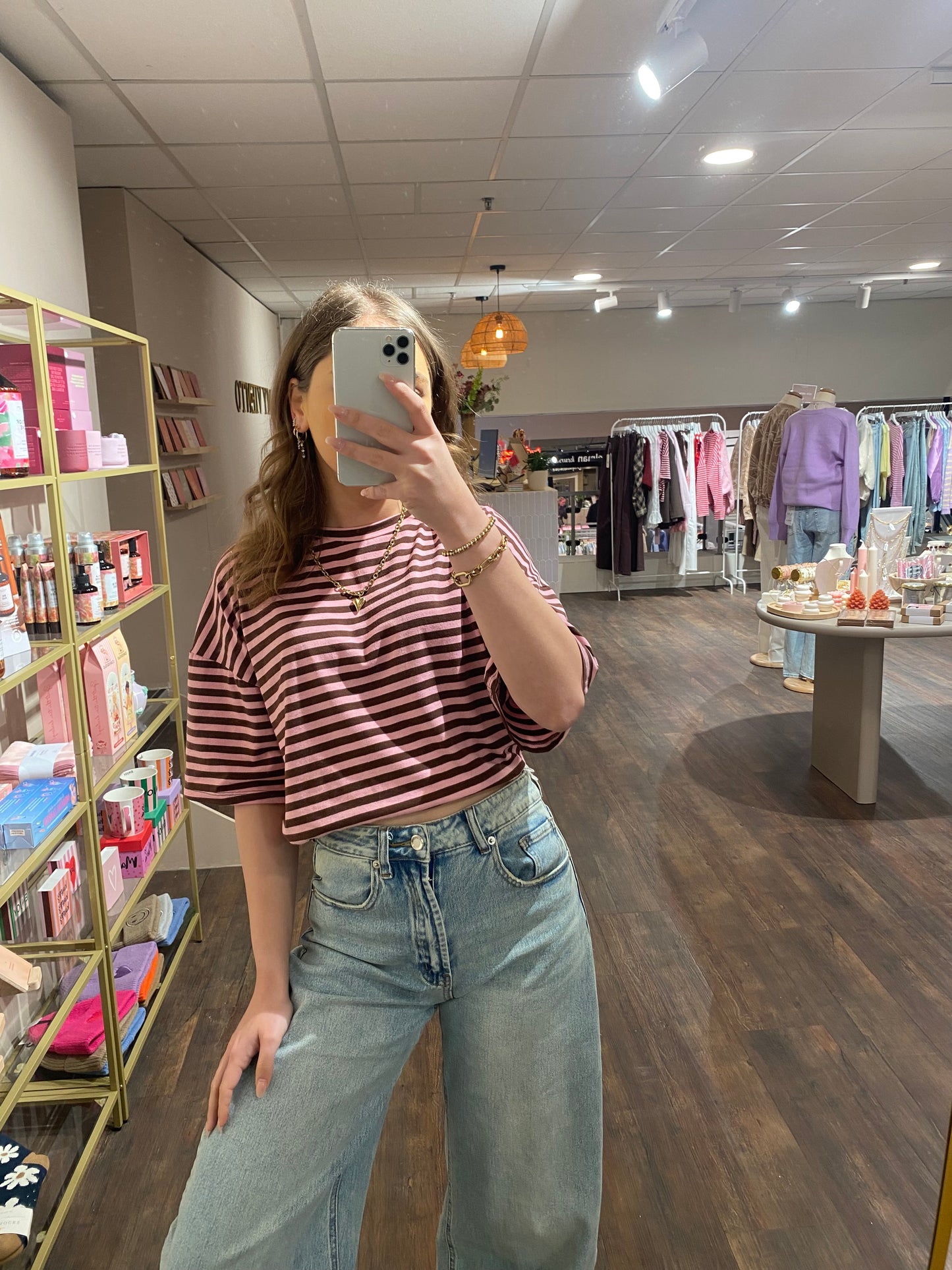 Liva - gestreepte top roze/bruin