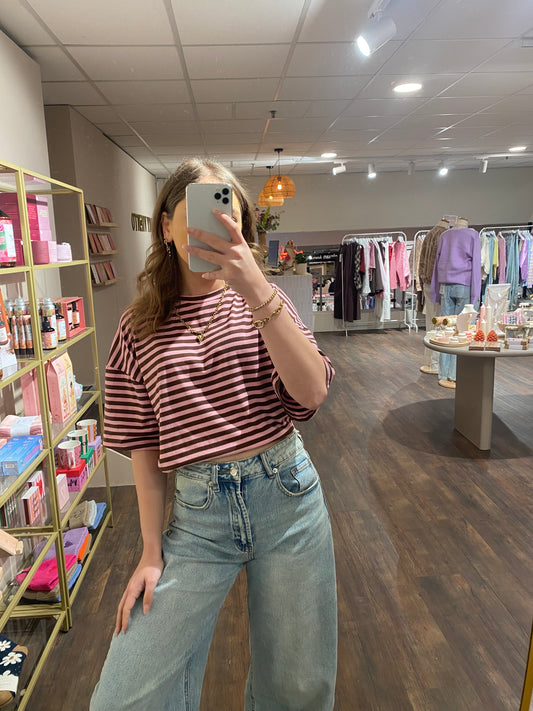 Liva - gestreepte top roze/bruin