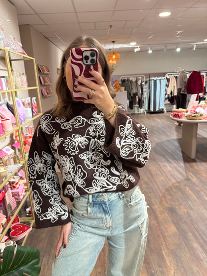 Merel - floral embroidery trui bruin