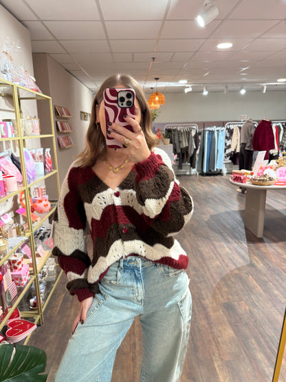 Julia - zigzag gestreepte cardigan bordeaux