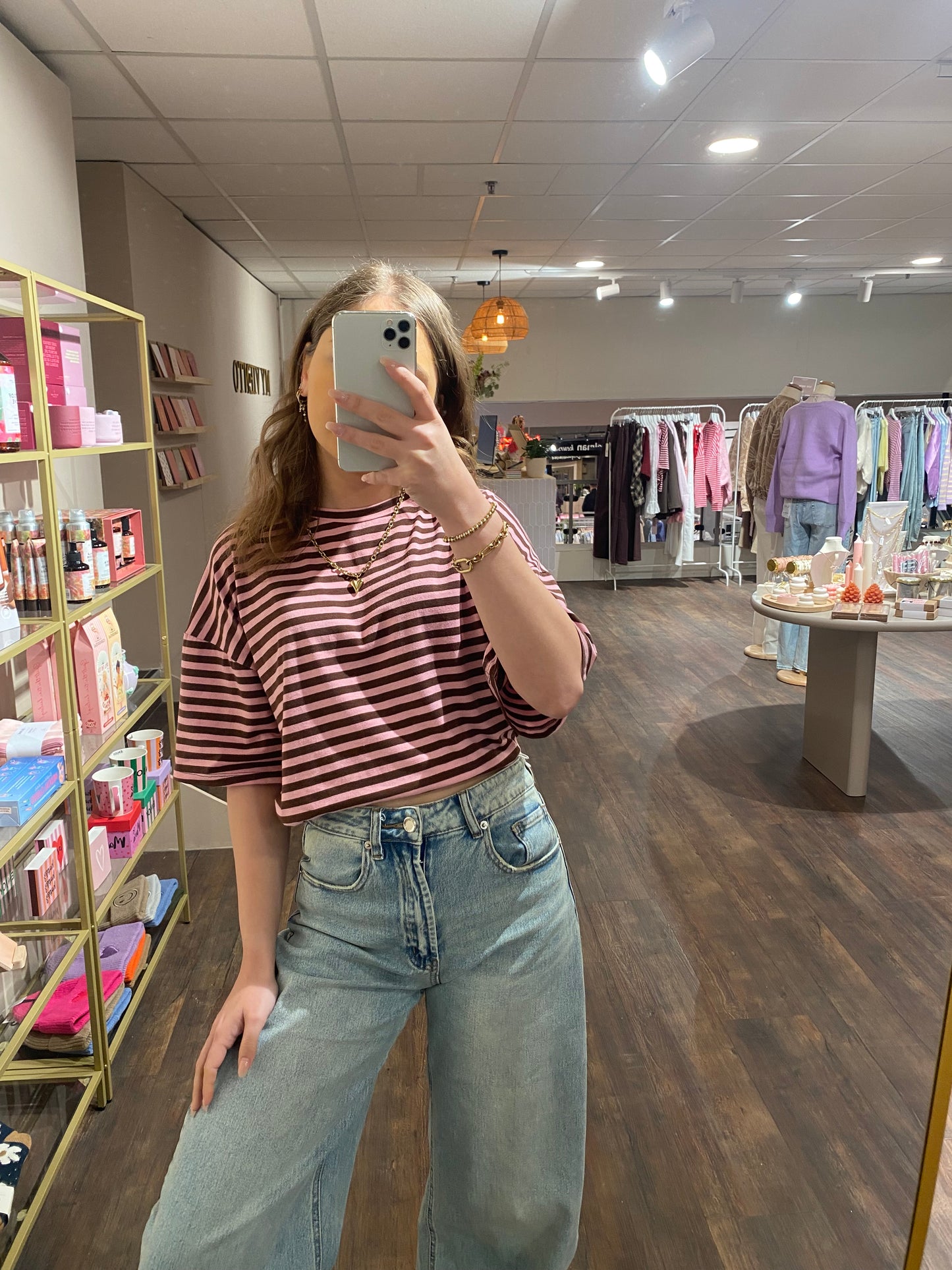 Liva - gestreepte top roze/bruin
