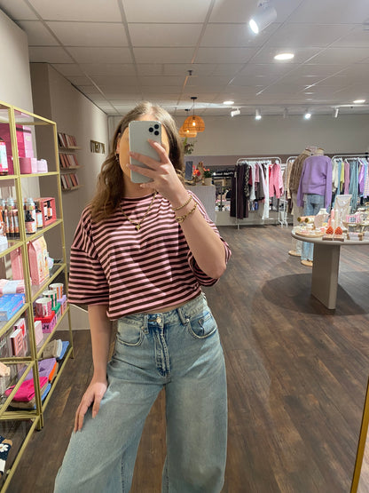 Liva - gestreepte top roze/bruin