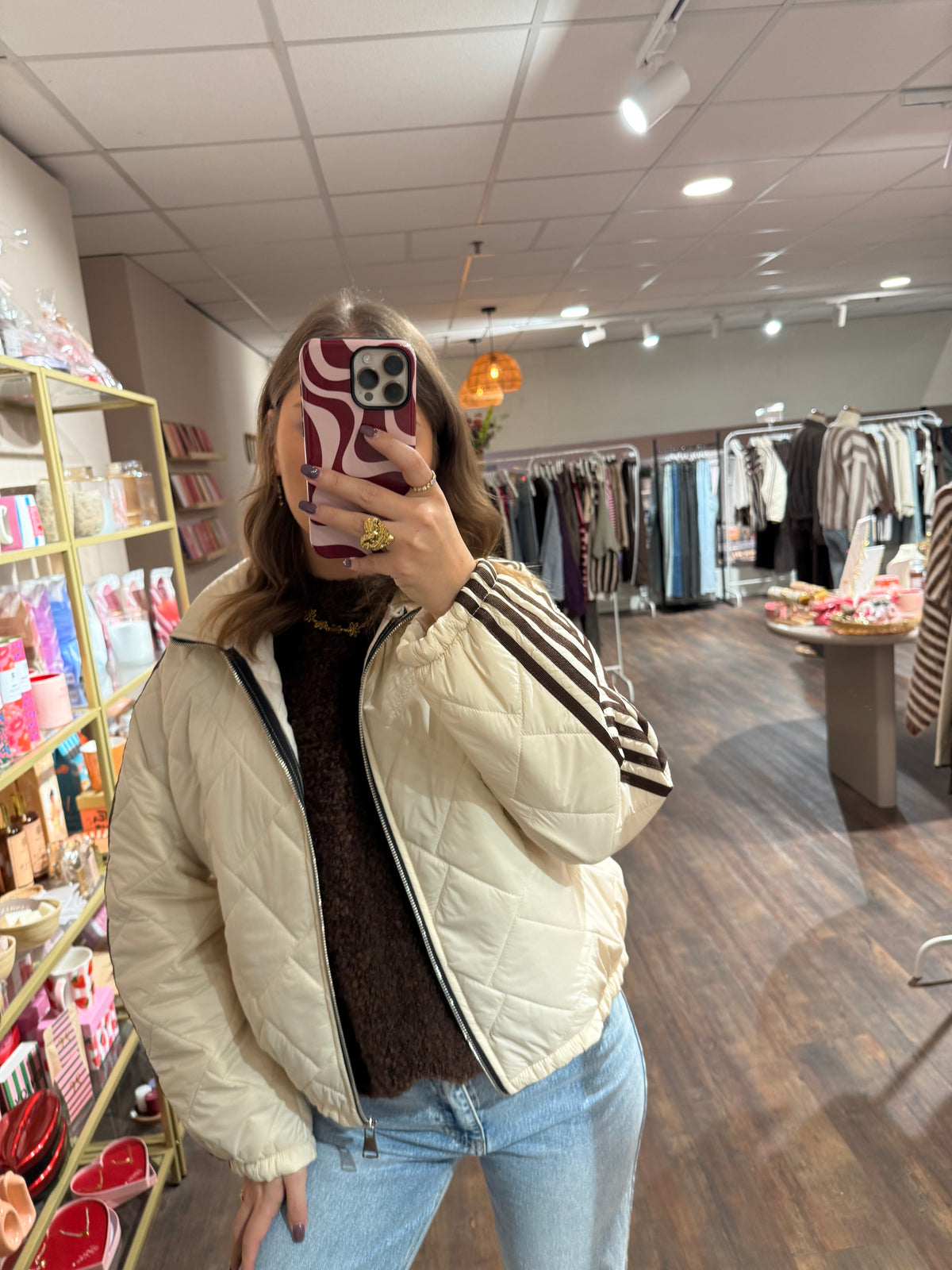 Nina - creme gewatteerde jas met strepen