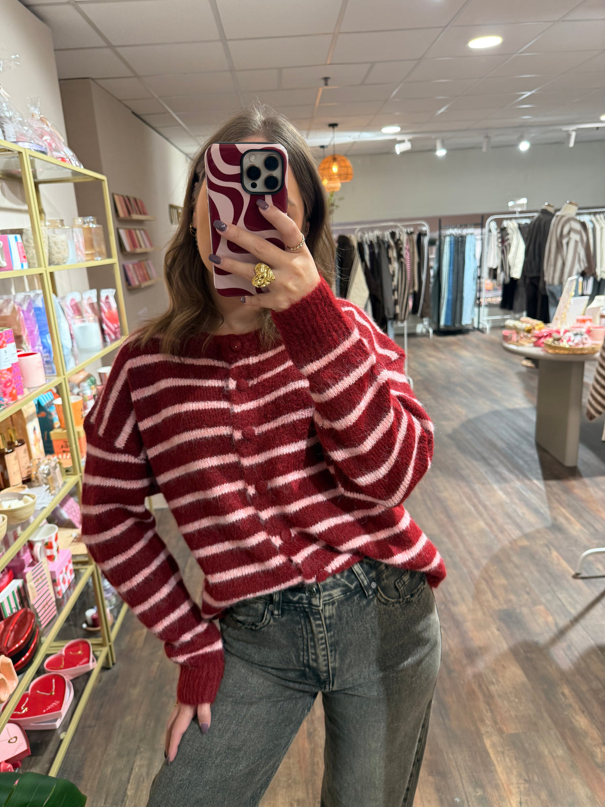 Kristel - rood/roze gestreepte cardigan