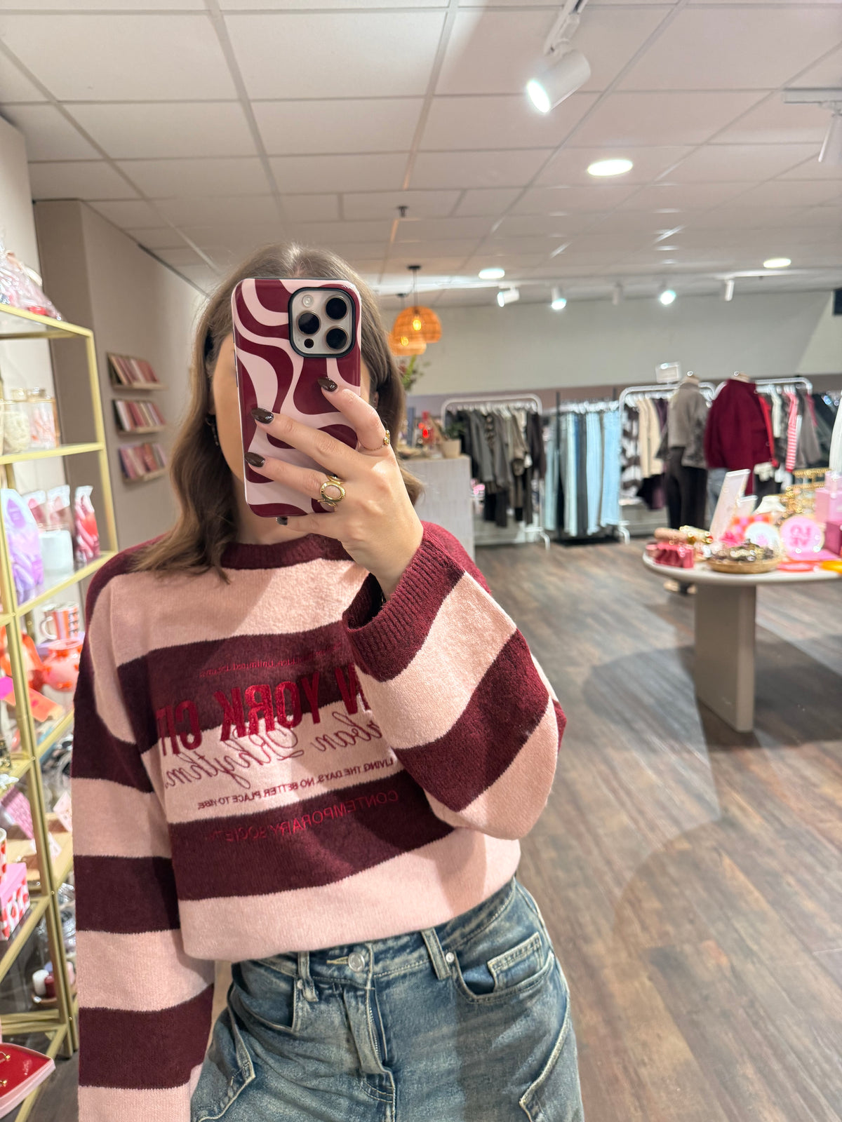 Liv - gestreepte NYC trui roze/rood
