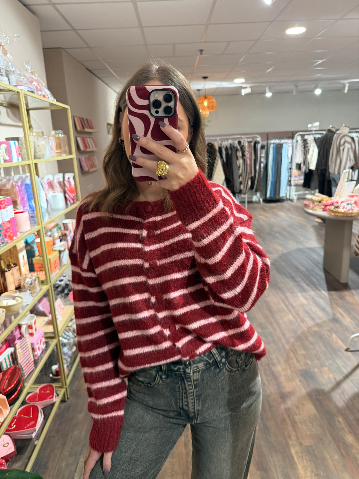 Kristel - rood/roze gestreepte cardigan