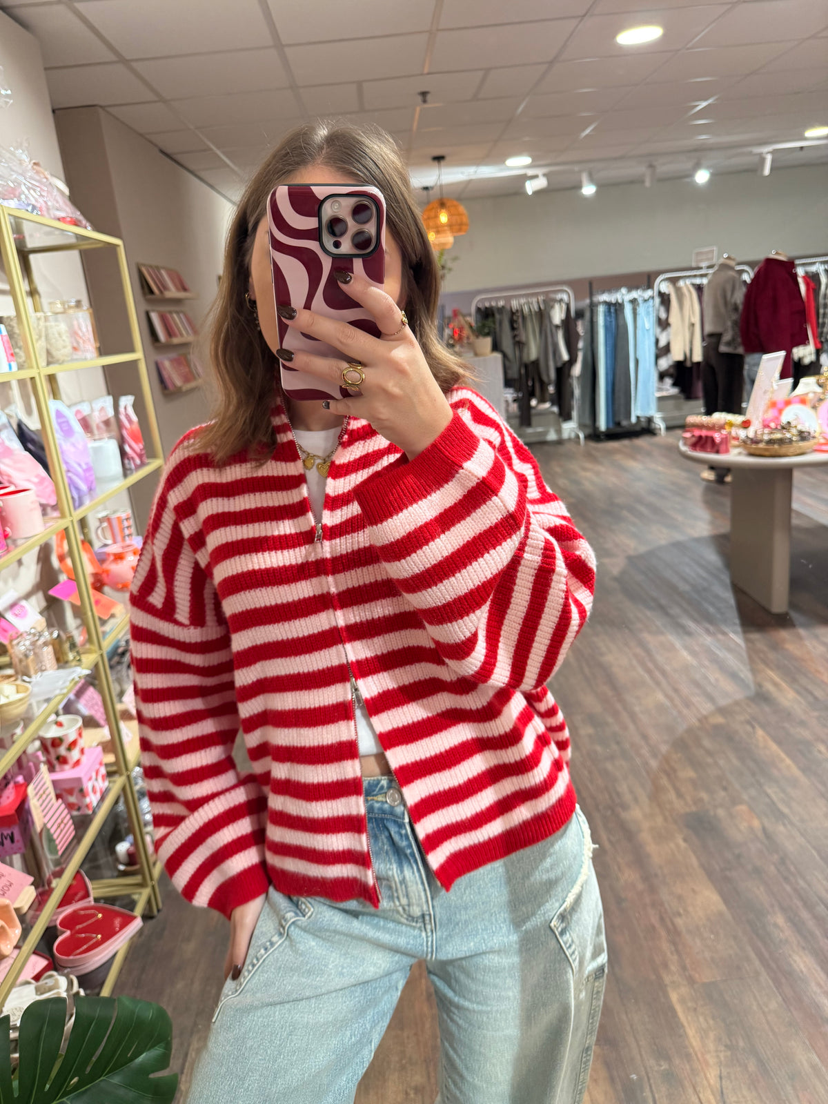 Amy - gestreepte cardigan roze/rood