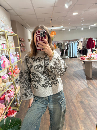 Merel - floral embroidery trui taupe