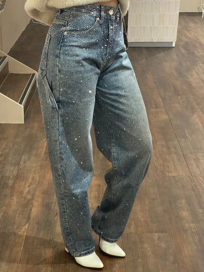 Dames balloon fit jeans in het blauw met glitterdetails.