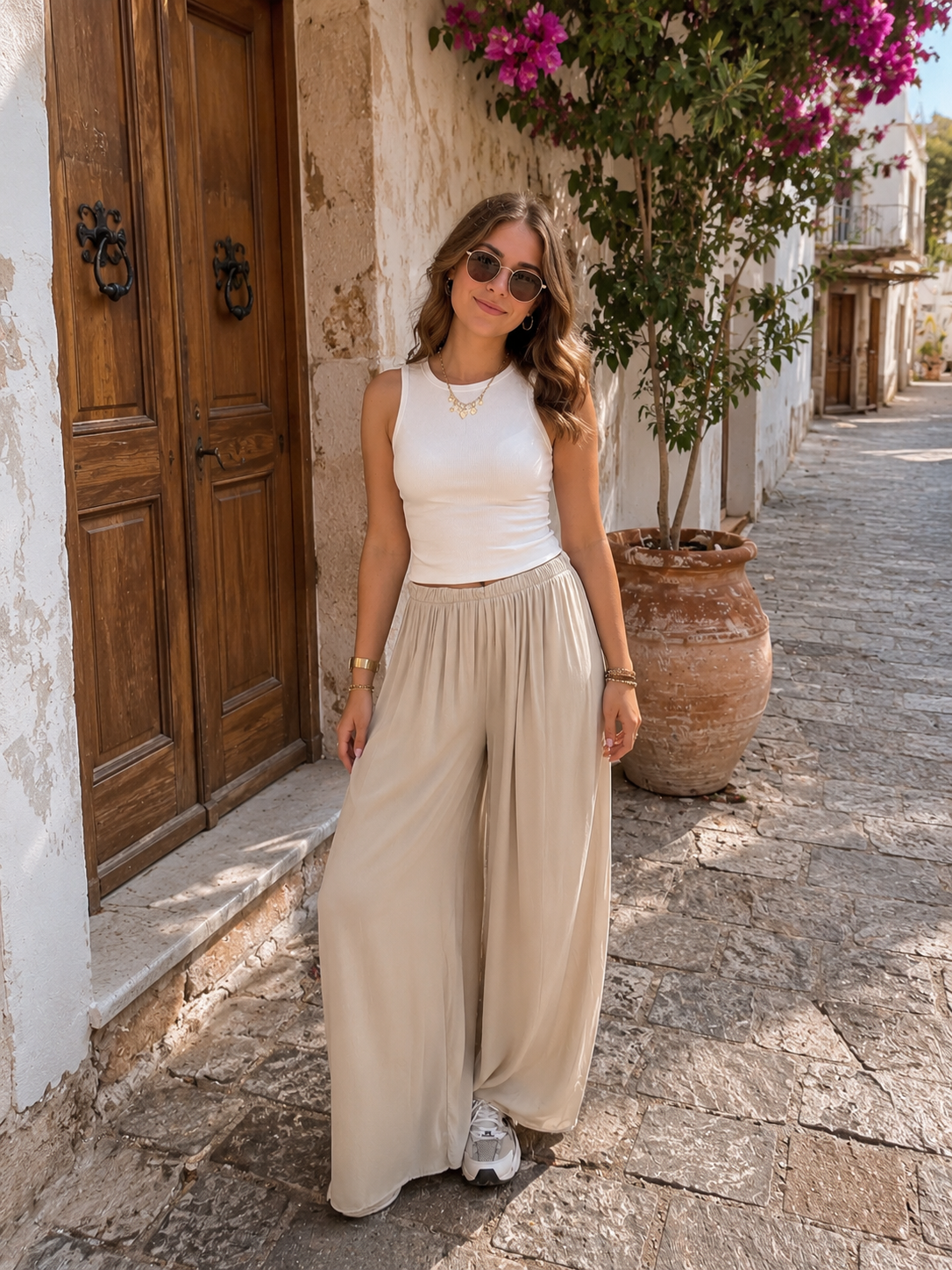Beige flowy pantalon met wijde pijpen voor dames 