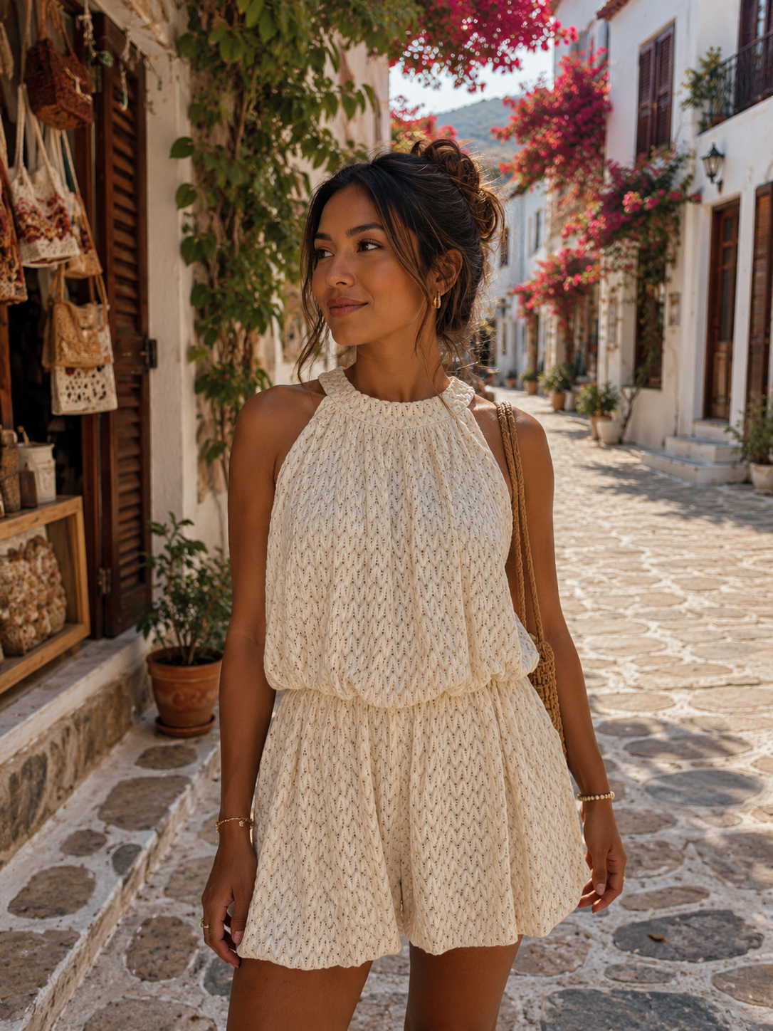 Beige gehaakte playsuit met ballonpasvorm voor dames 