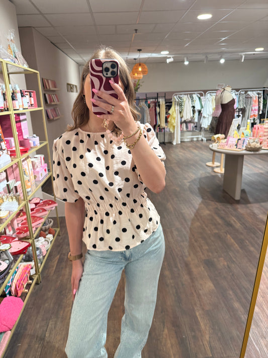 Beige top met zwarte stippen voor dames