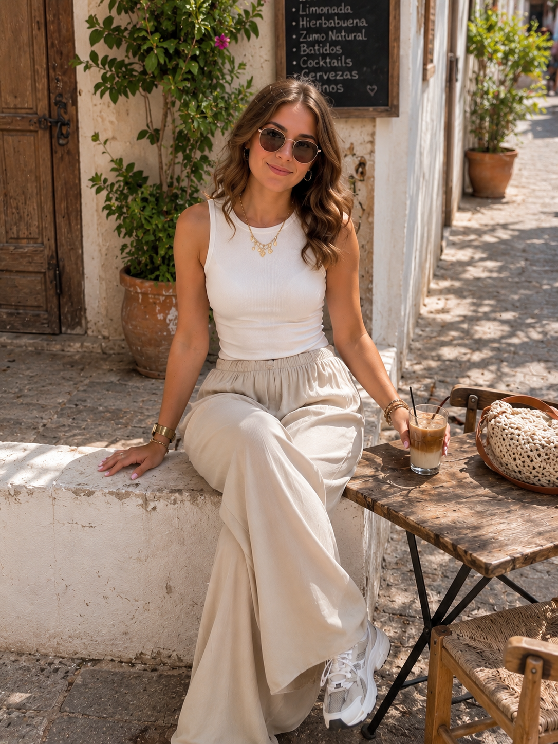 Luchtige beige zomerbroek van soepelvallende stof Rib tanktop in witte kleur 